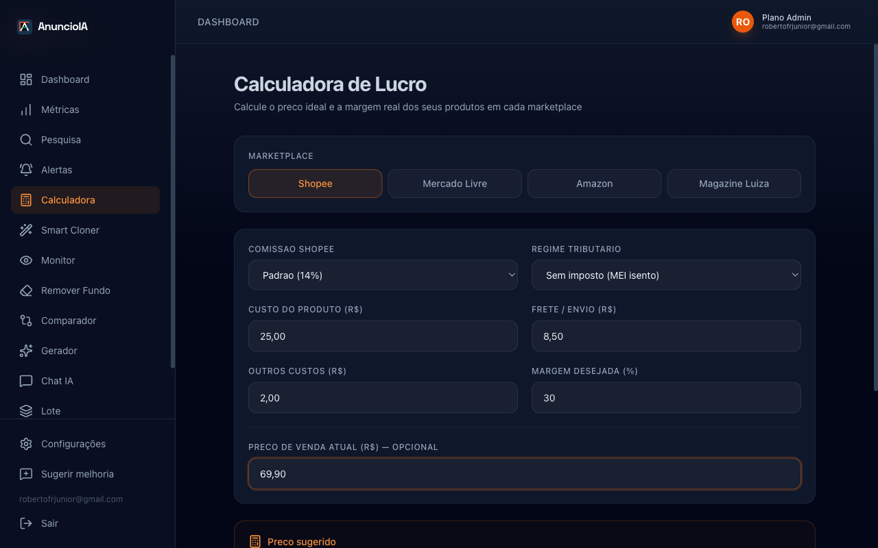 Calculadora de Lucro — interface com campos de custo, frete, margem e resultado