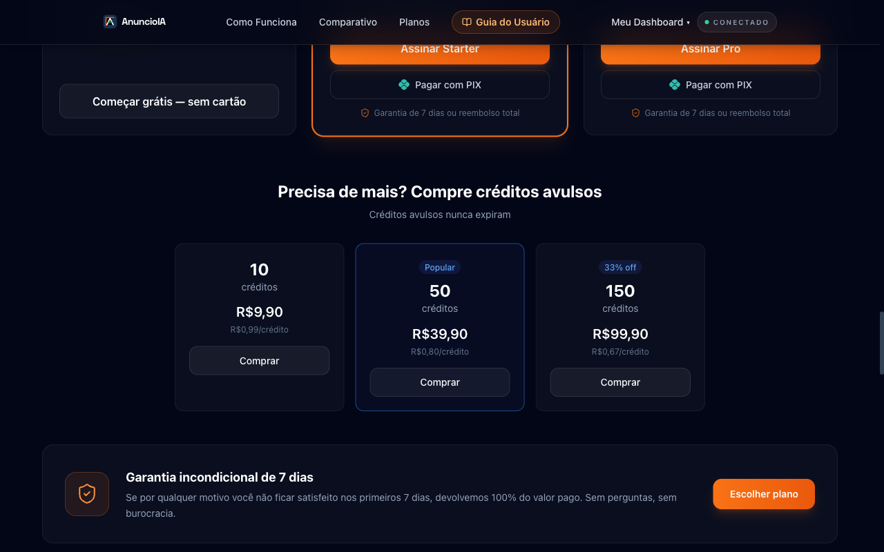 Secao de creditos avulsos na pagina de precos — pacotes de 10, 50 e 150 creditos