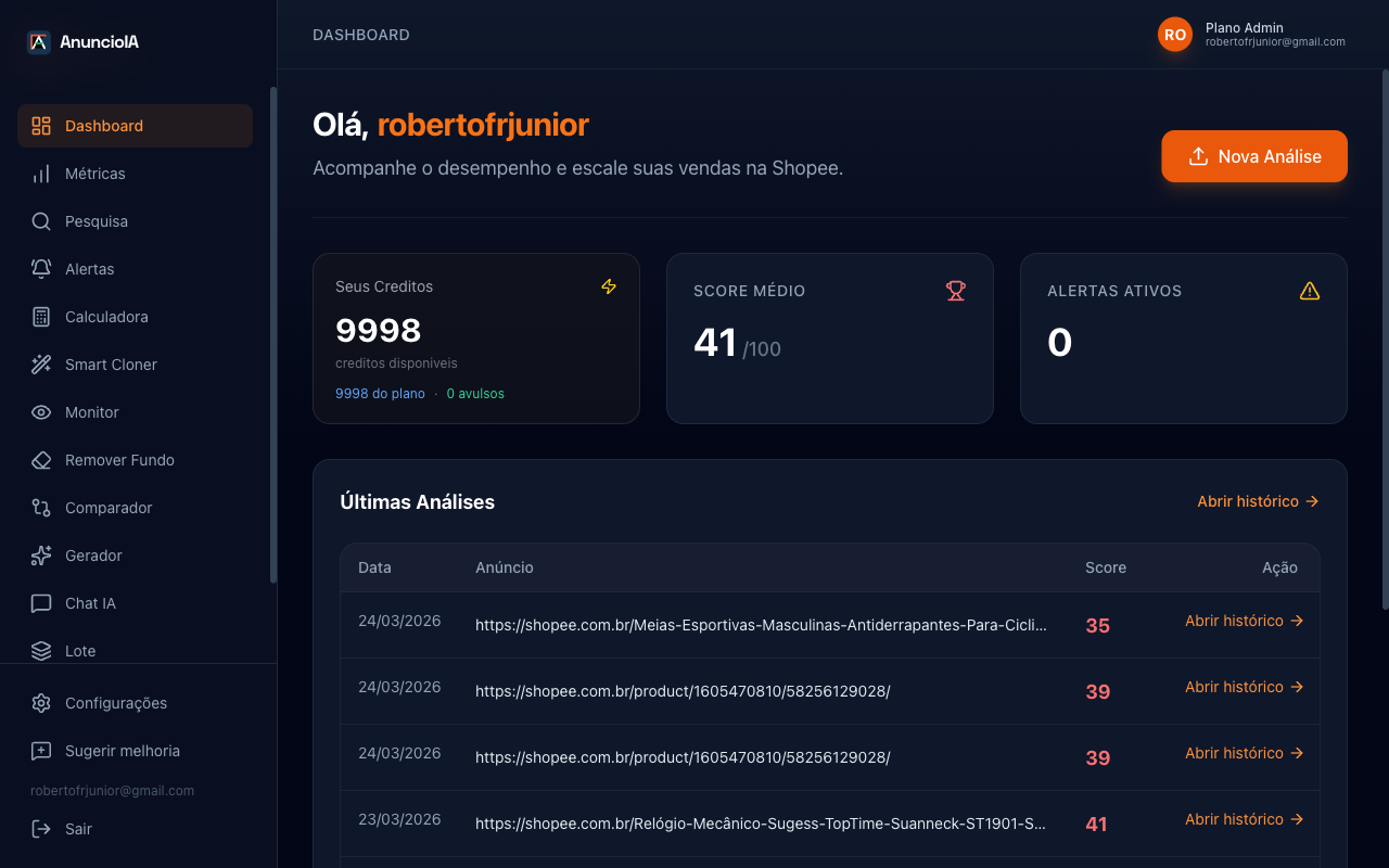 Dashboard principal mostrando card de creditos, score medio e ultimas analises